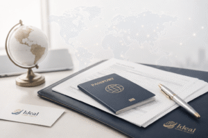 Passaporte e documentos sobre mesa representando orientação de vistos internacionais